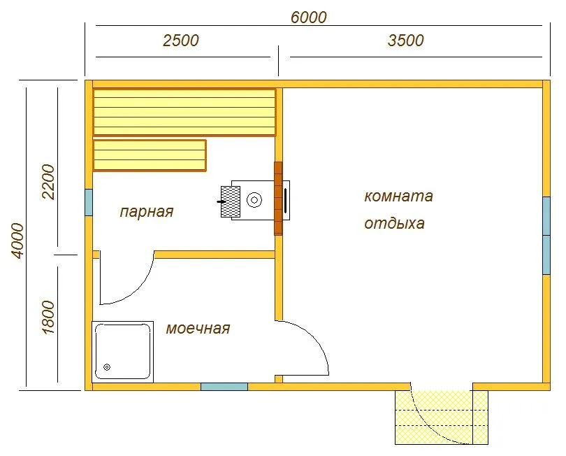 планировка бани 6х4