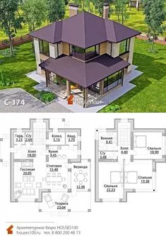 Проект дома C-174 (6/6) Проект красивого двухэтажного дома в стиле Райта от Houses100, площадью 174м2 Tropical House Design, Kerala House Design, Village House Design, Unique House Design, Cool House Designs, Modern Bungalow House, Modern House Facades, Building Plans House, Home Building Design