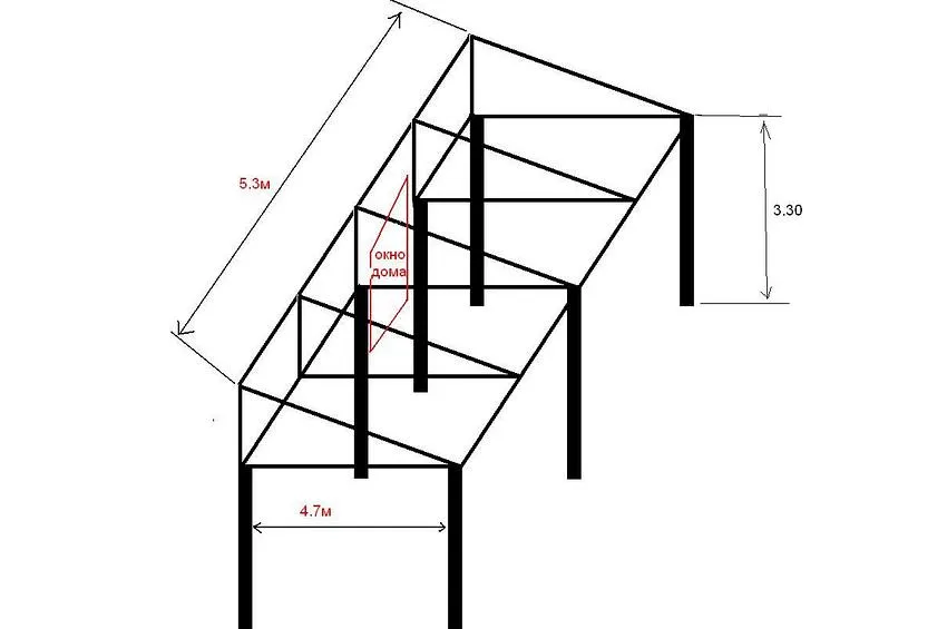 Чертеж каркаса для навеса с односкатной крышей