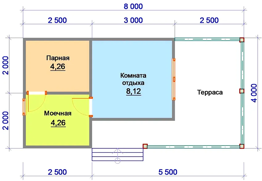 Проект сауны 8 на 8 метров с комнатой отдыха, прачечной и террасой