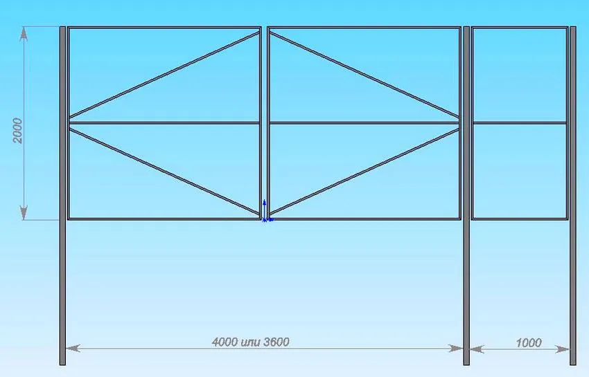 Схема каркаса из профилированной трубы для распашных ворот с калиткой