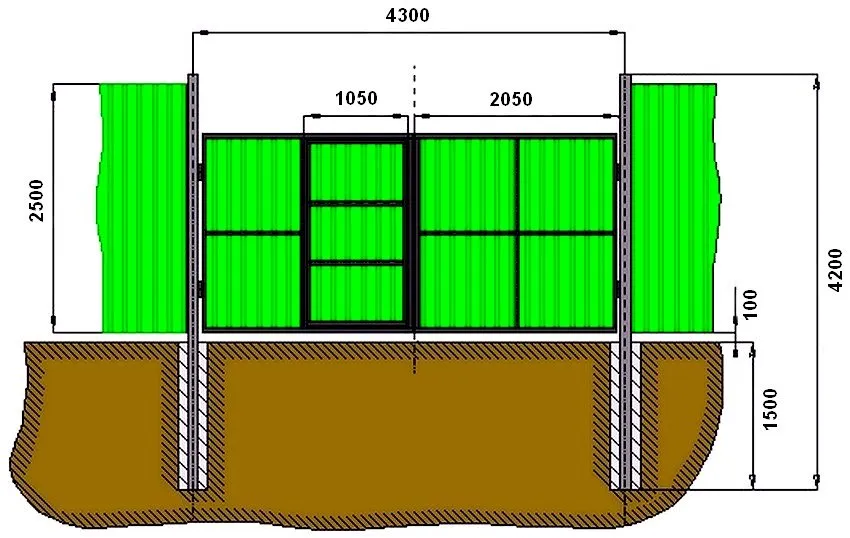 Монтажные размеры ворот из профнастила со встроенной в створку калиткой
