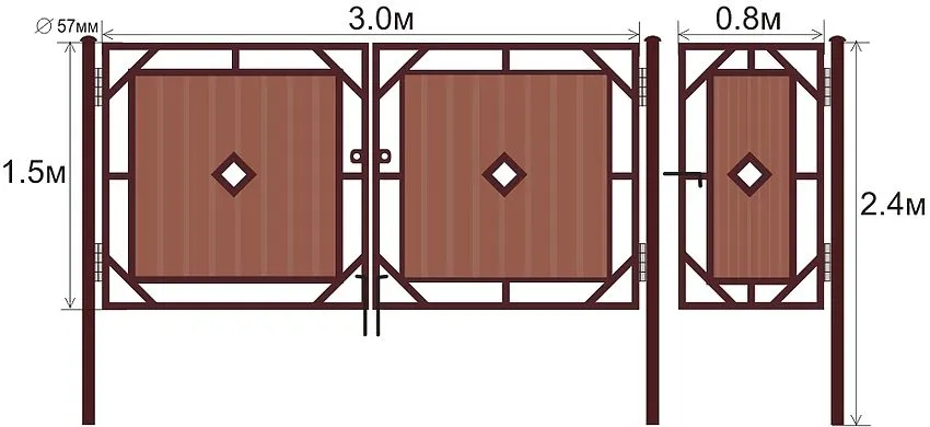 Монтажные размеры распашных ворот и калитки с металлическим каркасом и вставками из профнастила