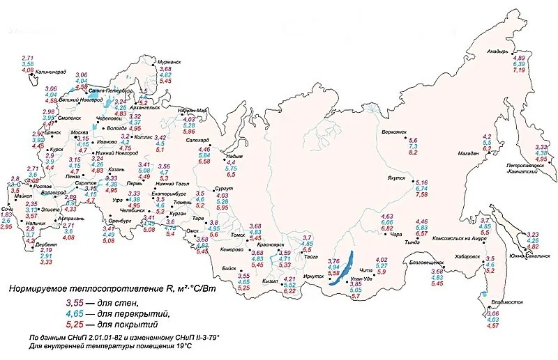 Найти необходимое значение термического сопротивления для своего региона проживания – с данной схемой не составит особого труда. Берем значение «для стен».