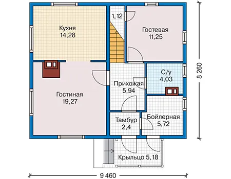 Планировка первого этажа :: Проект каркасного дома 90-76