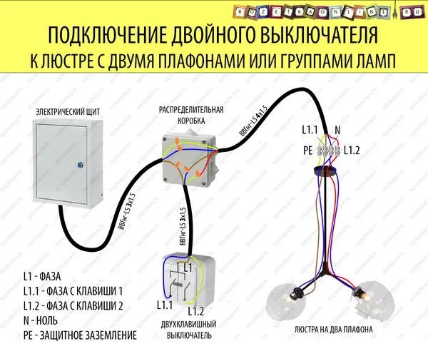 Схема подключения двойного выключателя к люстре с двумя плафонами