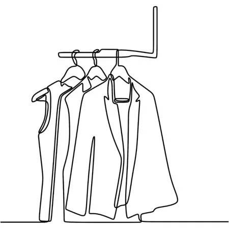 One line drawing of blouse, suits, shirt, and t-shirt hanging on rack for sale in store. minimalistic style of fashionable business clothes. continuous vector background with clothes and hangers.