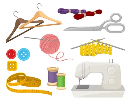 Collection of objects related to sewing and knitting theme. dressmaking instruments and materials. electric sewing machine. colorful vector illustrations in flat style isolated on white background.