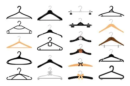 Clothes hangers set. coat and dress colorful hanger set isolated on white background, wood metal and baby empty fashion clothing hooks