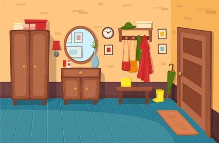 Cartoon hallway background. panorama with stairs, doors, wardrobe, chest of drawers, mirror coat, coat rack Векторная Иллюстрация