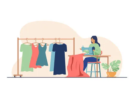 Woman sewing new dress on stitching machine. seamstress, cloth, apparel flat vector illustration. fashion and craftwork concept for banner, website design or landing web page Векторная Иллюстрация