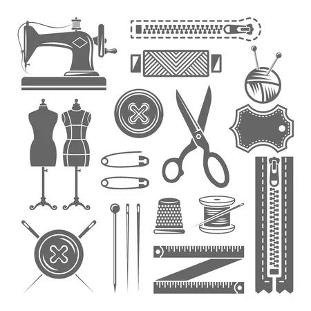 Sewing accessories, sewing supplies, tailor shop set of vector monochrome design elements isolated on white background Фото со стока