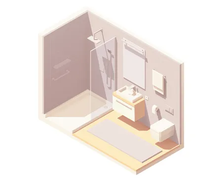 Vector isometric small bathroom interior cross-section with shower cabin, washbasin, toilet, and towel warmer