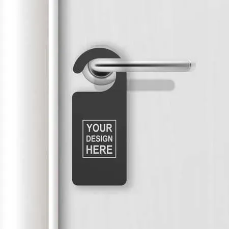 Vector realistic paper black blank door hanger on white realistic wooden door with metal silver handle. door hanger mockup. design template. full length door is in a clipping mask