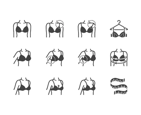 Lingerie flat glyph icons set. bra fitting, measurement with measuring tape, female body in underwear vector illustrations. signs for clothes store. solid silhouette pixel perfect 64x64.