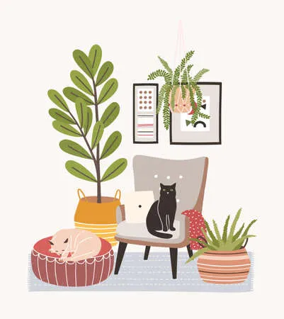 Comfy living room interior with cats sitting on armchair and ottoman, houseplants growing in pots, home decorations. comfortable apartment decorated in scandic hygge style. flat vector illustration