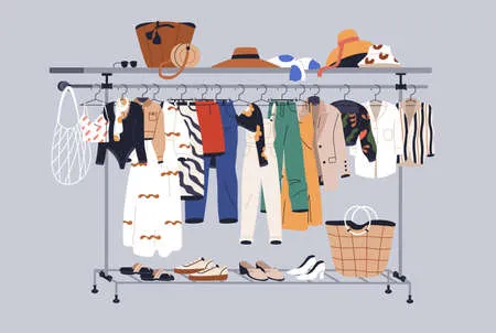 Summer capsule wardrobe with women casual clothes on hanger rail. fashion garments, shoes and accessories on rack and shelf. modern fashionable apparel collection. colored flat vector illustration Векторная Иллюстрация