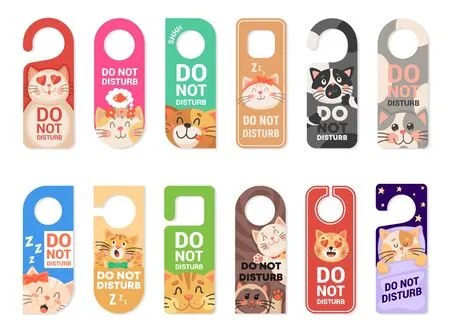 Do not disturb door hanger vector signs, tags or labels with cute cat animals. hotel room door handle or knob hanging cards with sleeping kittens, playing kitties and warning messages of keep silence