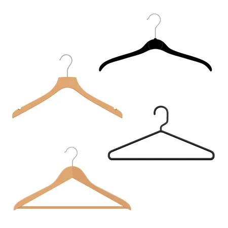 Wooden, plastic and metal wire coat hangers, clothes hanger on a white background Фото со стока