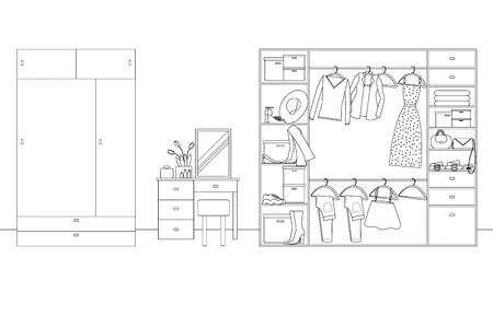 Vector line illustration of interior of wardrobe with furniture. white and black outline sketch of home related. vector design in line art style. design of modern interior of walking wardrobe