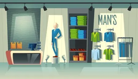 Vector mans clothing shop - wardrobe with suits, cartoon mannequin in costume and stuff on hangers. cashbox with table inside boutique, dress collection. male fashion store with illumination in mall