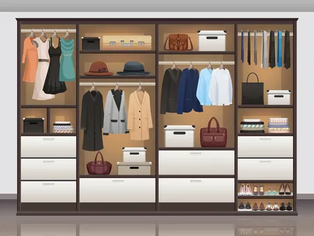 Bedroom wardrobe closet storage with interior organizers shoe racks and hanging rails for clothes realistic vector illustration Фото со стока