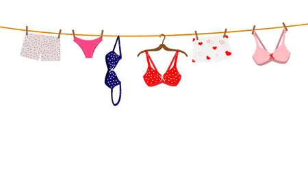 Pantie, bra and lingerie hanging on rope. vector illustration.