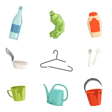 Flat vector set of plastic waste. bottles, fork and spoon, broken clothes hanger, cup, bucket and watering can. sorting and recycling household garbage Фото со стока