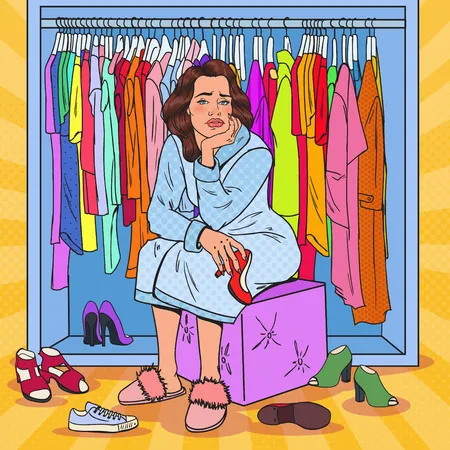 Pop art upset pretty woman choosing shoes in wardrobe. female fashion clothing.