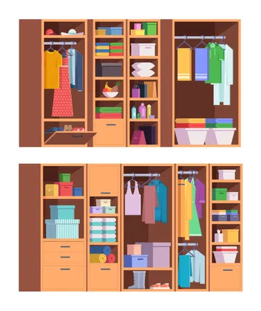 Wardrobe. open and closed doors of home storage for clothes interior organized wardrobe vector set. open storage interior, closet and shelf design illustration Фото со стока