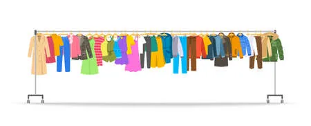 Men and women clothes on long rolling hanger rack. many different garments hanging on store hanger stand with wheels. flat cartoon vector illustration. graphic element for sale banner