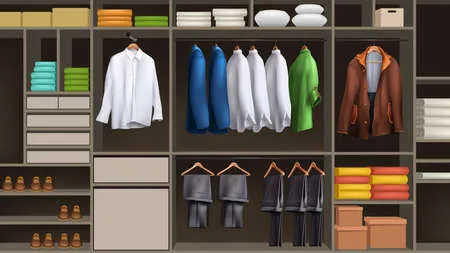 Big male wardrobe full of realistic clothes