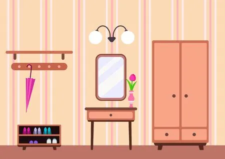 Hallway cartoon interior with wardrobe, mirror and shoe rack. vector flat illustration Фото со стока