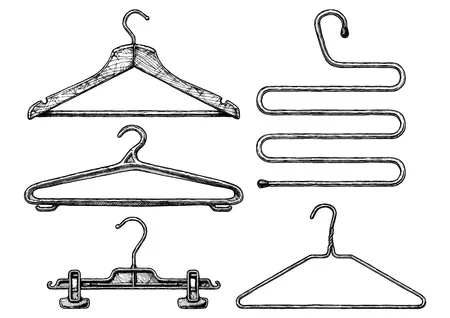 Wooden, plastic and wire coathangers, clamp for the hanging of trousers, 5-level coat hanger. isolated on white background. Фото со стока