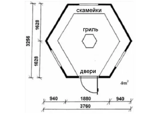 Чертёж домика-гриля с очагом в центре