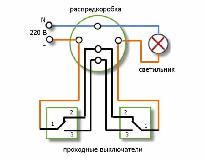 Подключение сквозного выключателя на 2 или 3 места