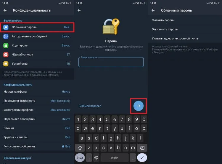 Как сбросить облачный пароль в Телеграм. Чтобы изменить или отключить облачный пароль, предварительно его нужно ввести. Фото.