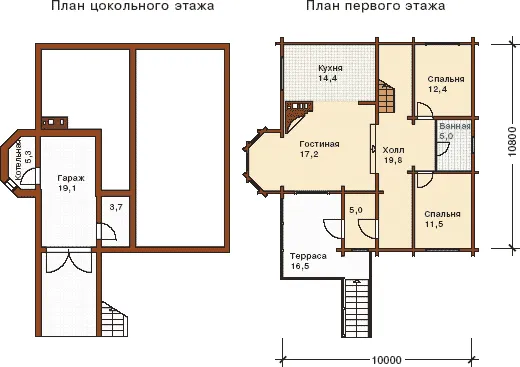 Планировка этажей к проекту дома из бруса на склоне