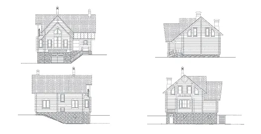 Виды фасадов к проекту дома из оцилиндрованного бревна на склоне