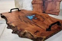 Charcuterie / Serving Tray Mesquite Live Edge Inlay With Iron Handles Food Safe Woodworking Projects Diy, Wood Resin Table, Epoxy Resin Wood, Live Edge Furniture, Charcuterie Board Diy