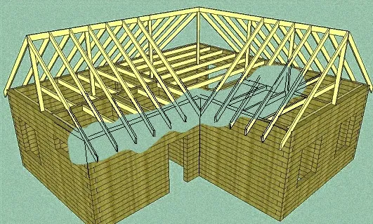 Г-образная, крыша, равные фронтоны, стропила, мауэрлат, шпренгели