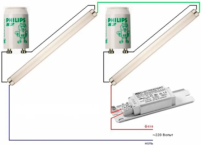 Подключение люминесцентных ламп последовательно