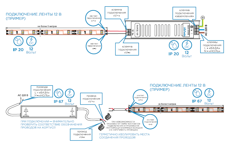 Как подключить ленту 12В/24В к блоку