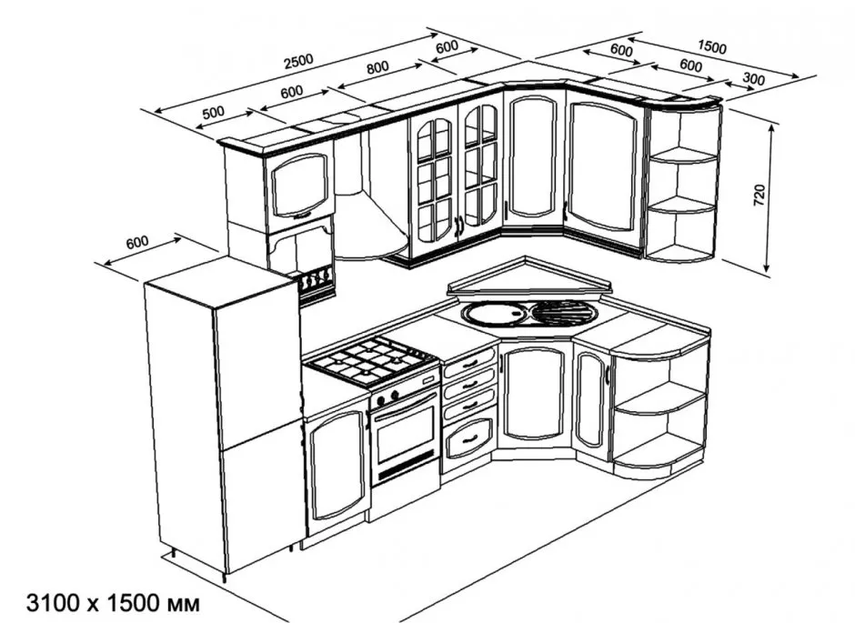 Угловая кухня чертеж