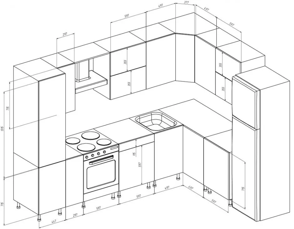 Планировка угловой кухни