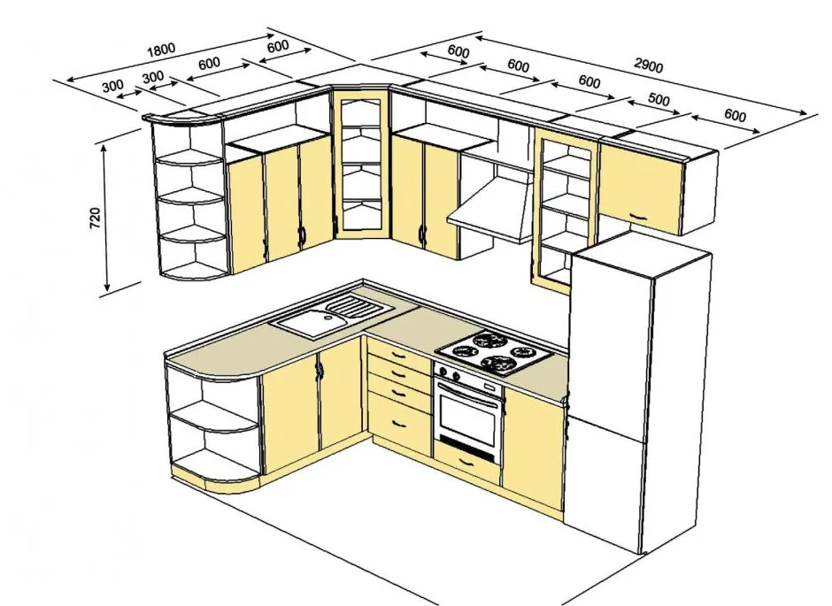Планировка угловой кухни 4 метра