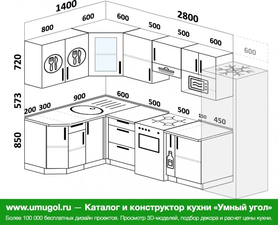 Проекты кухонных гарнитуров с размерами