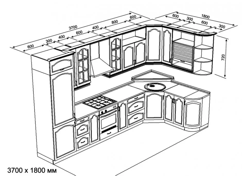 Эскиз кухни с размерами