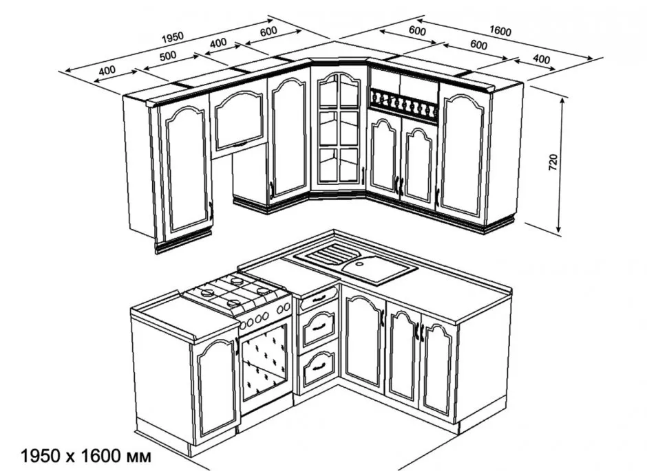 Планировка углового кухонного гарнитура