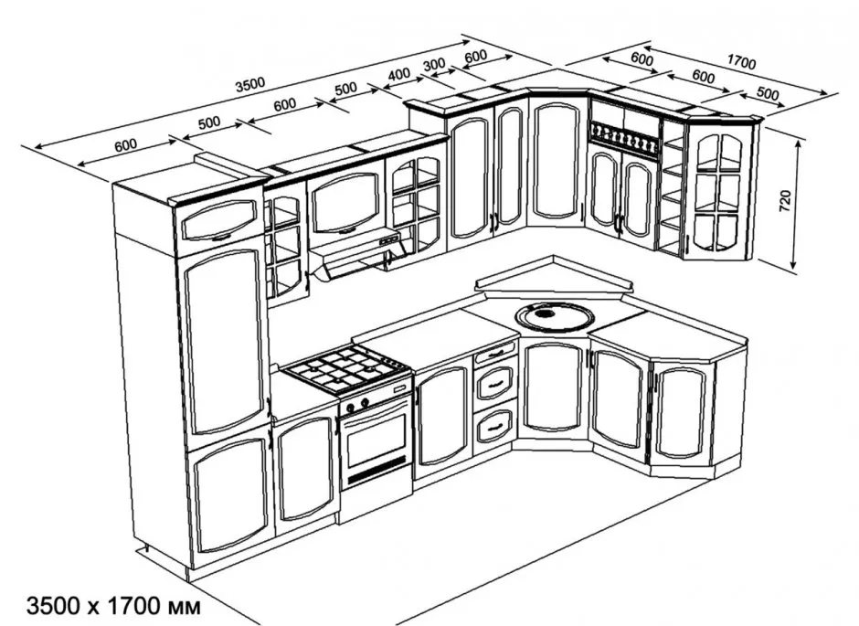 Планировка кухонного гарнитура с размерами